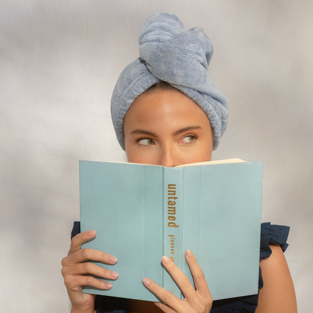 Coastal Blue Plush Microfiber Hair Towel Turban with Bow