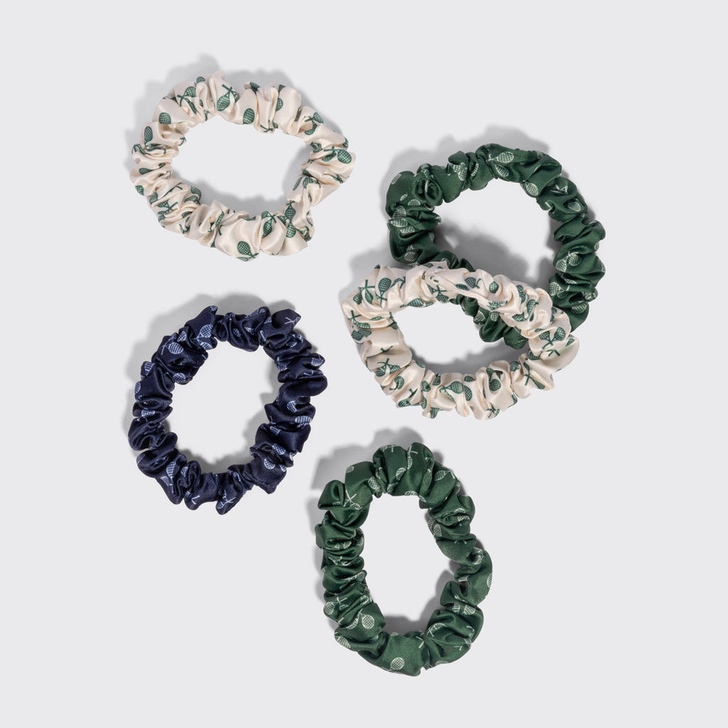 Cream, Court Green & Navy Blue Ruched Satin Scrunchies 5pc Set