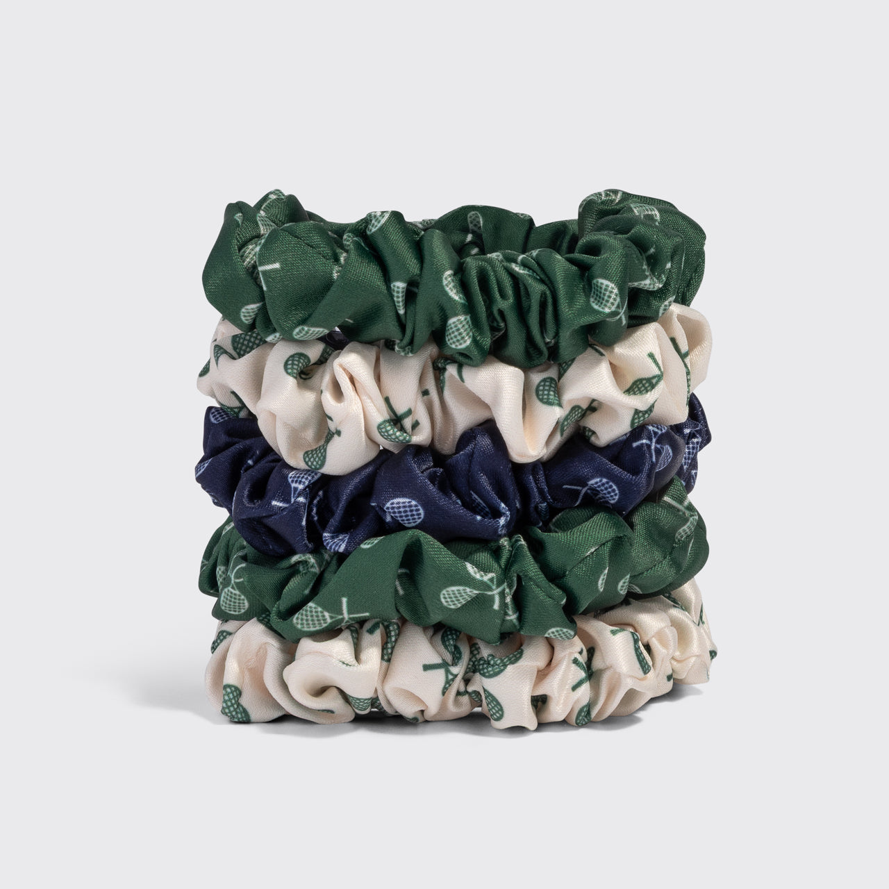 Cream, Court Green & Navy Blue Ruched Satin Scrunchies 5pc Set