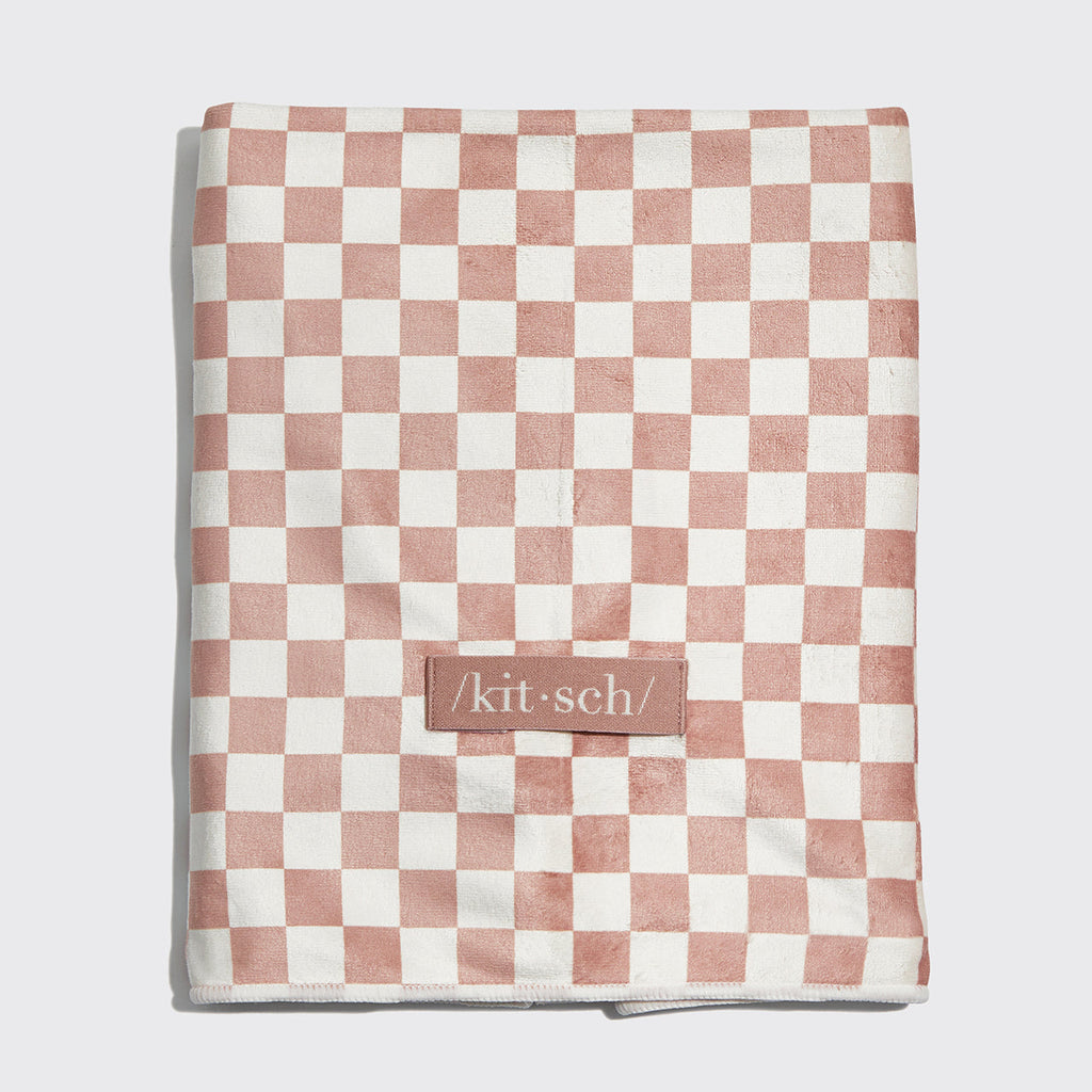 Terracotta Checker Satin Lined Flexi Shower Cap + XL Hair Towel Bundle
