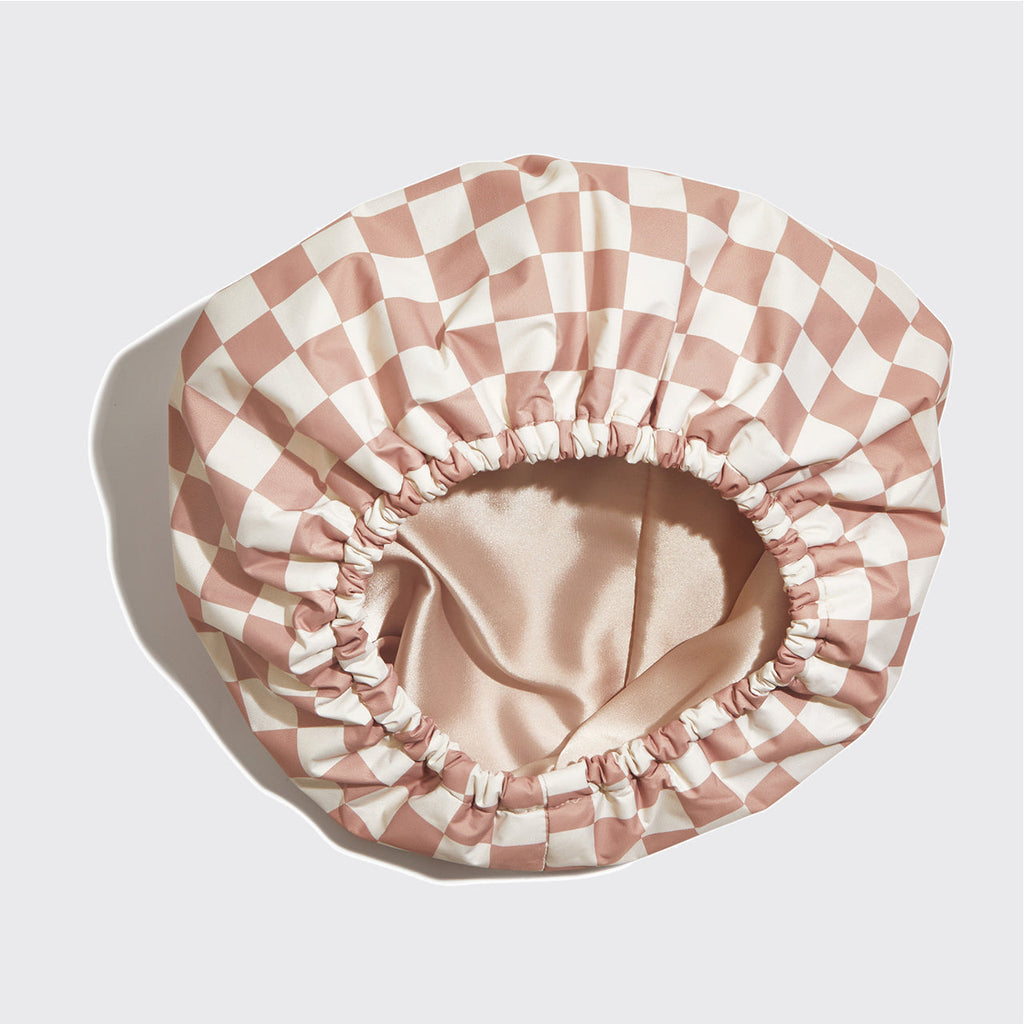 Terracotta Checker Satin Lined Flexi Shower Cap + XL Hair Towel Bundle