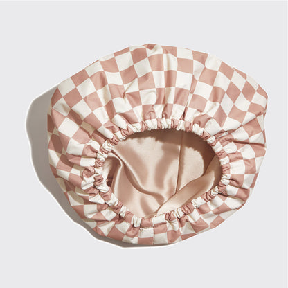 Terracotta Checker Satin Lined Flexi Shower Cap + XL Hair Towel Bundle